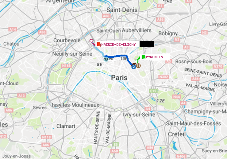 plan itinéraire ratp de Pyrenees à Mairie de Clichy
