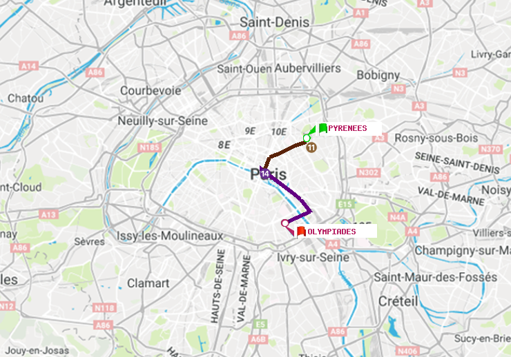 plan itinéraire ratp de Pyrenees à Olympiades