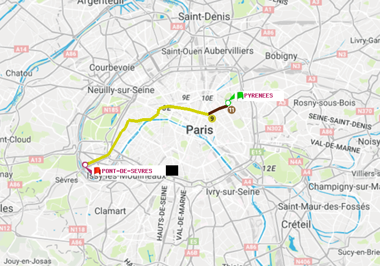 plan itinéraire ratp de Pyrenees à Pont de Sèvres