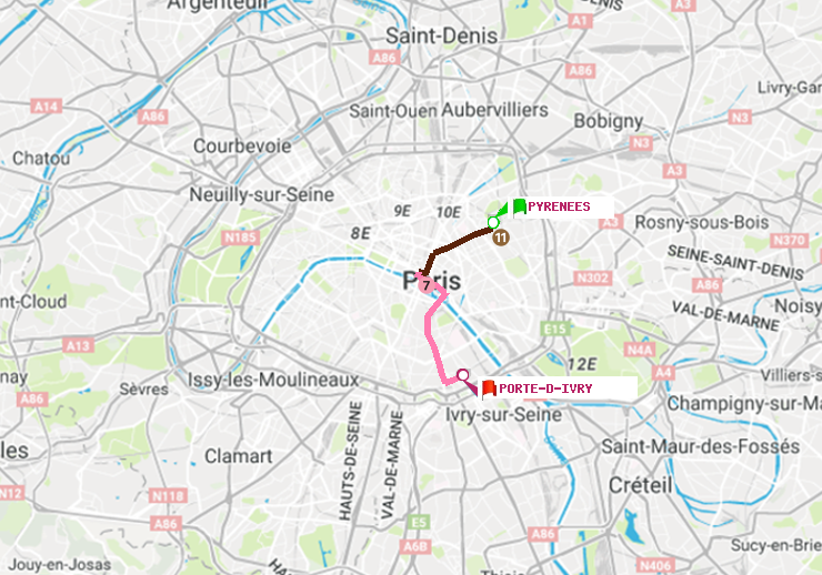 plan itinéraire ratp de Pyrenees à Porte d