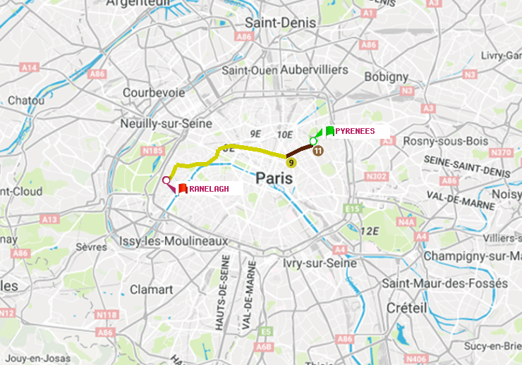plan itinéraire ratp de Pyrenees à Ranelagh