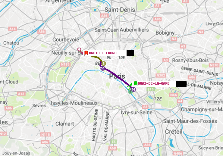 plan itinéraire ratp de Quai de la Gare à Anatole-France