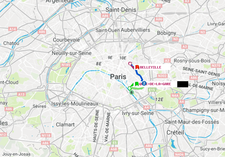 plan itinéraire ratp de Quai de la Gare à Belleville