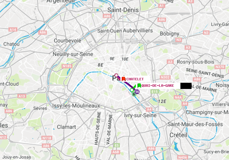 plan itinéraire ratp de Quai de la Gare à Châtelet
