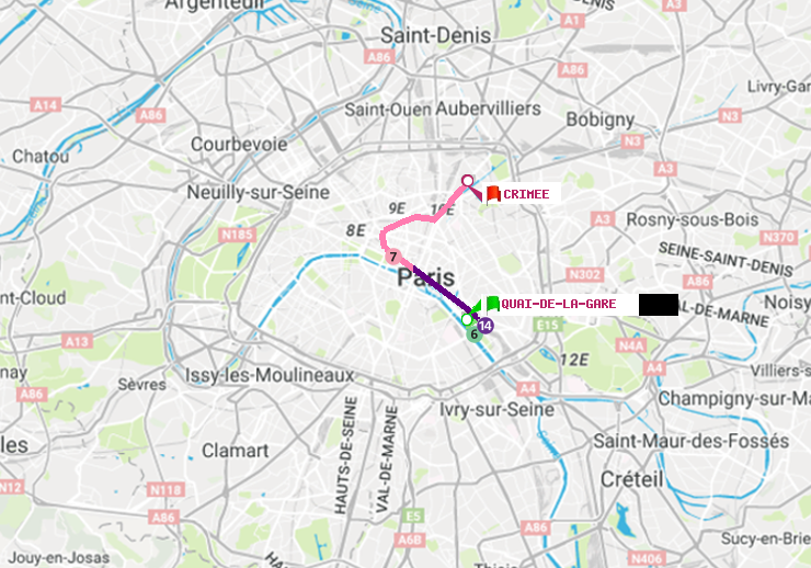plan itinéraire ratp de Quai de la Gare à Crimée