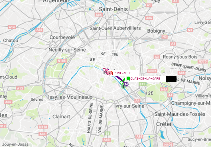 plan itinéraire ratp de Quai de la Gare à Pont Neuf