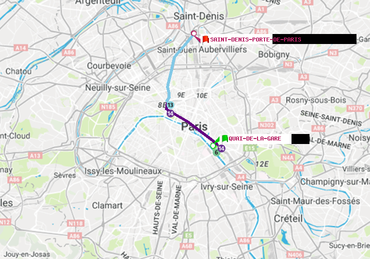 plan itinéraire ratp de Quai de la Gare à Saint-Denis-Porte de Paris