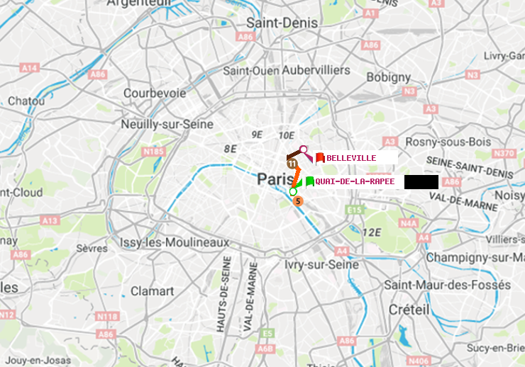 plan itinéraire ratp de Quai de la Rapée à Belleville