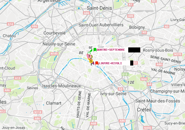 plan itinéraire ratp de Quatre Septembre à Louvre-Rivoli