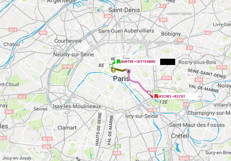 plan itinéraire ratp de Quatre Septembre à Michel Bizot