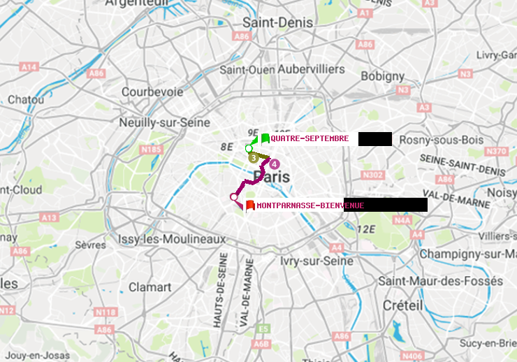 plan itinéraire ratp de Quatre Septembre à Montparnasse-Bienvenue