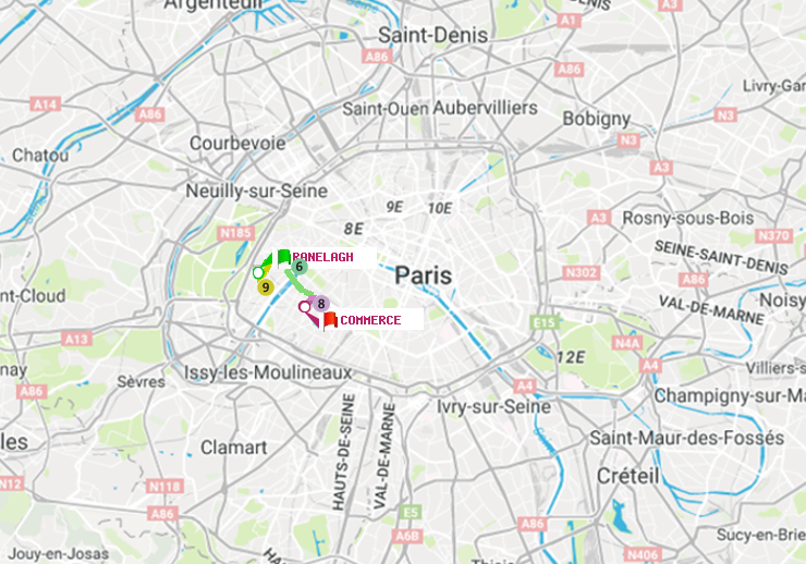 plan itinéraire ratp de Ranelagh à Commerce