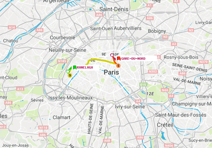 plan itinéraire ratp de Ranelagh à Gare du Nord
