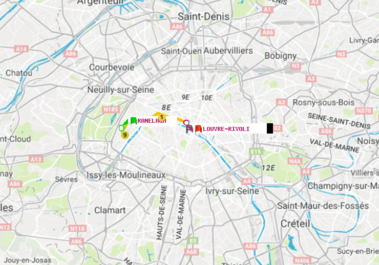 plan itinéraire ratp de Ranelagh à Louvre-Rivoli