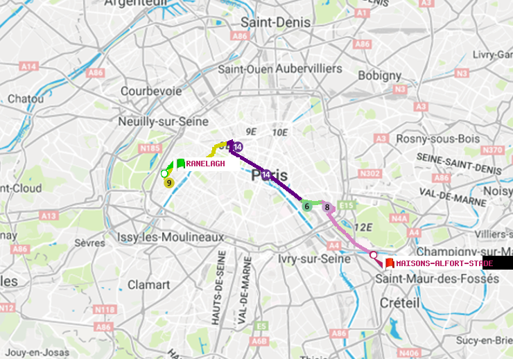 plan itinéraire ratp de Ranelagh à Maisons-Alfort-Stade