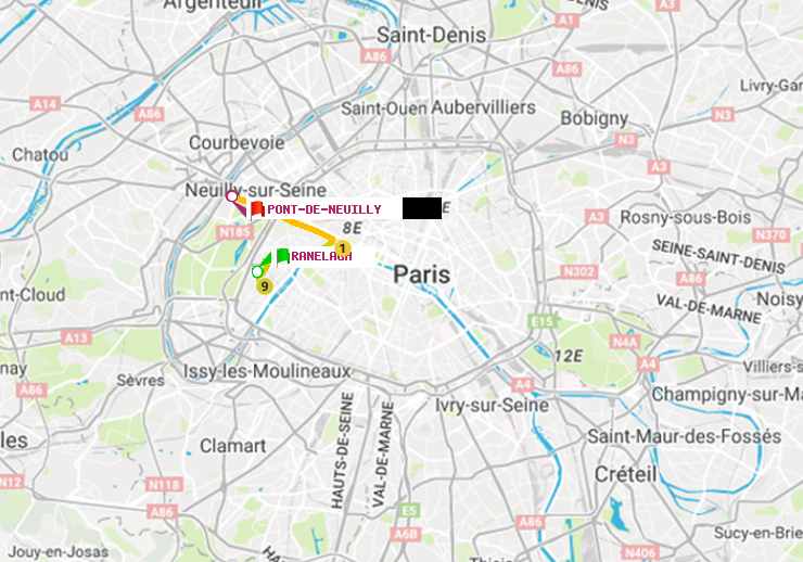 plan itinéraire ratp de Ranelagh à Pont de Neuilly