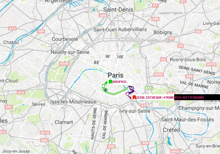 plan itinéraire ratp de Raspail à Bibliotheque-Francois Mitterrand