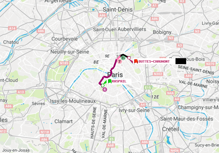 plan itinéraire ratp de Raspail à Buttes-Chaumont