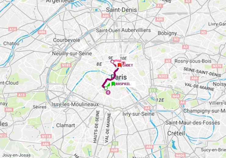 plan itinéraire ratp de Raspail à Cadet