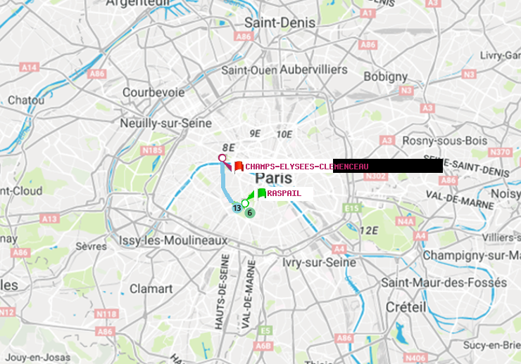 plan itinéraire ratp de Raspail à Champs-Elysées-Clémenceau