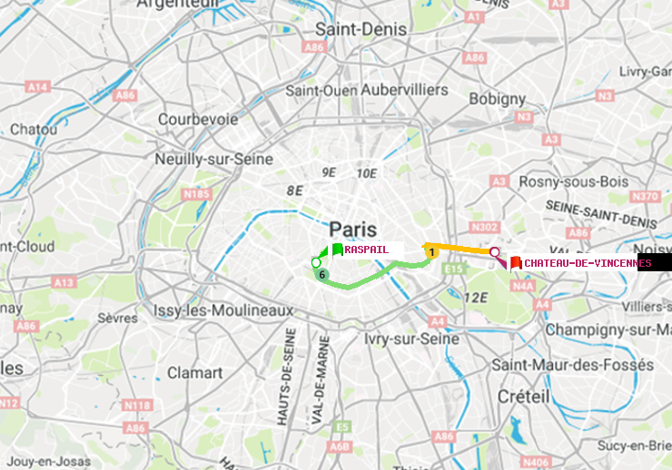 plan itinéraire ratp de Raspail à Château de Vincennes