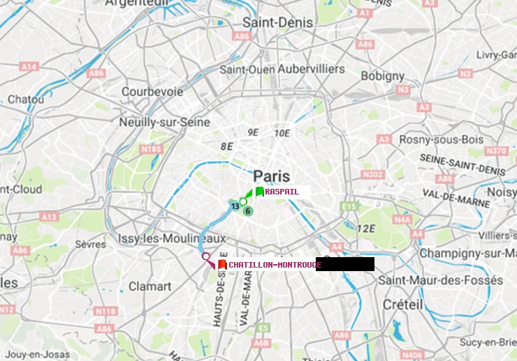 plan itinéraire ratp de Raspail à Châtillon Montrouge