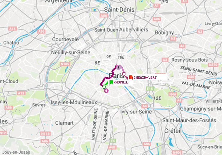 plan itinéraire ratp de Raspail à Chemin Vert