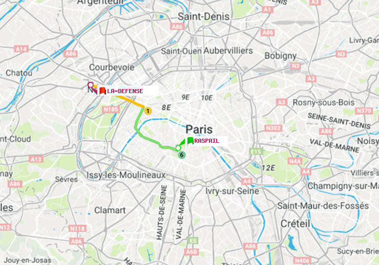 plan itinéraire ratp de Raspail à La Défense (Grande Arche)