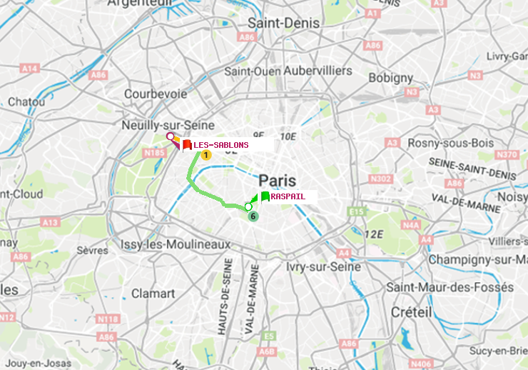 plan itinéraire ratp de Raspail à Les Sablons (Jardin d