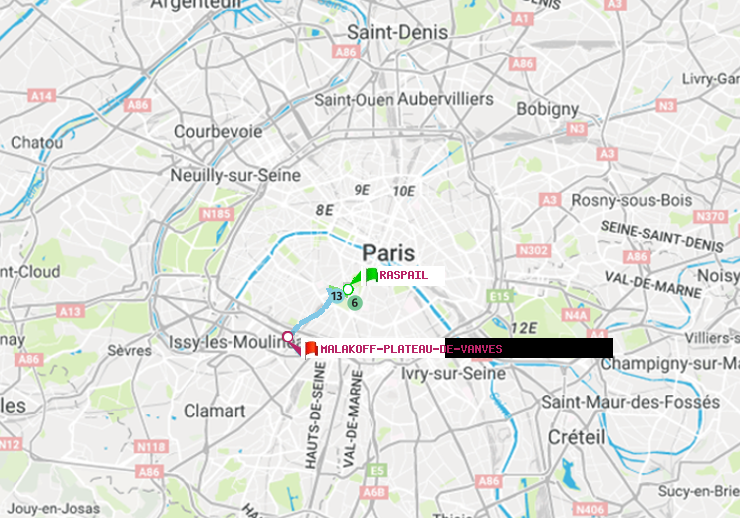 plan itinéraire ratp de Raspail à Malakoff-Plateau de Vanves