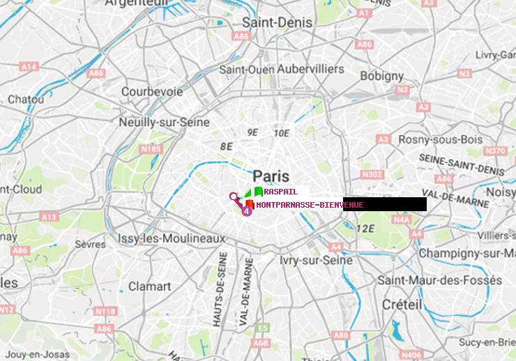 plan itinéraire ratp de Raspail à Montparnasse-Bienvenue