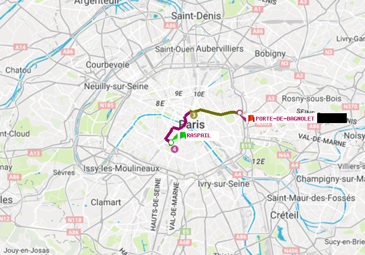plan itinéraire ratp de Raspail à Porte de Bagnolet