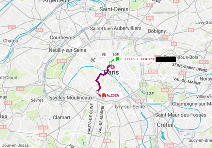 plan itinéraire ratp de Réaumur-Sébastopol à Alésia
