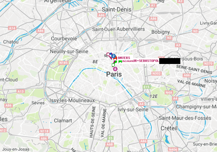 plan itinéraire ratp de Réaumur-Sébastopol à Anvers