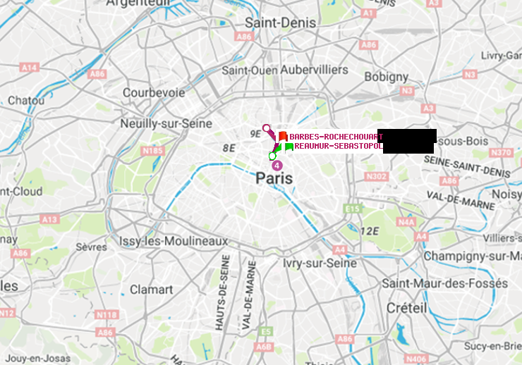 plan itinéraire ratp de Réaumur-Sébastopol à Barbès-Rochechouart