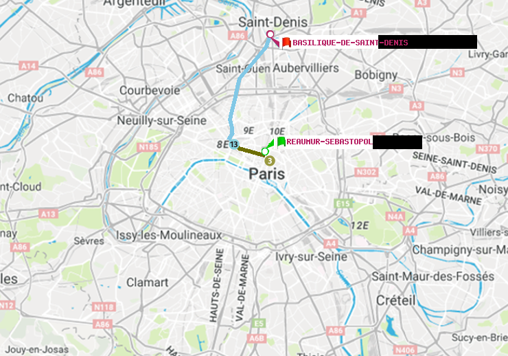 plan itinéraire ratp de Réaumur-Sébastopol à Basilique de Saint-Denis