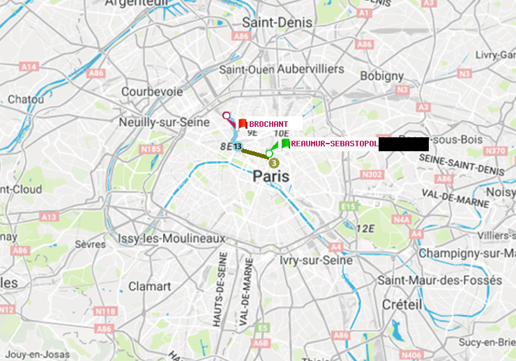 plan itinéraire ratp de Réaumur-Sébastopol à Brochant