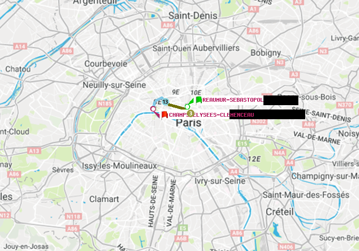 plan itinéraire ratp de Réaumur-Sébastopol à Champs-Elysées-Clémenceau