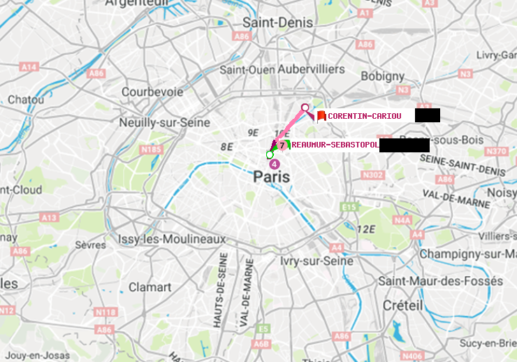 plan itinéraire ratp de Réaumur-Sébastopol à Corentin-Cariou