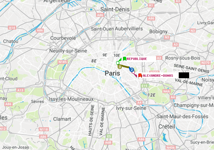 plan itinéraire ratp de République à Alexandre-Dumas