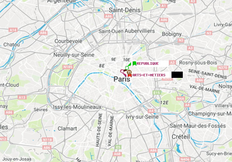 plan itinéraire ratp de République à Arts-et-Métiers