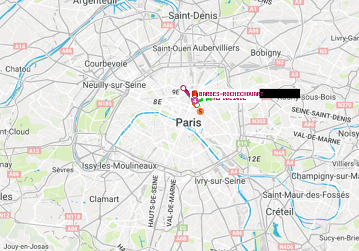 plan itinéraire ratp de République à Barbès-Rochechouart