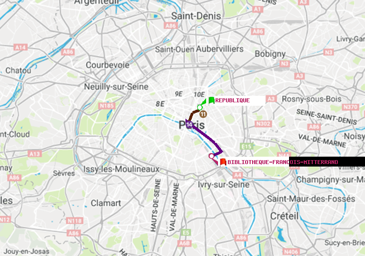 plan itinéraire ratp de République à Bibliotheque-Francois Mitterrand