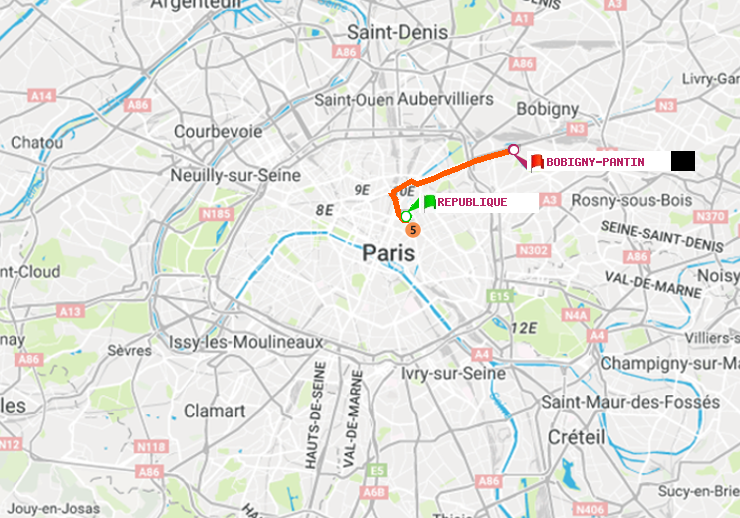 plan itinéraire ratp de République à Bobigny-Pantin (Raymond Queneau)