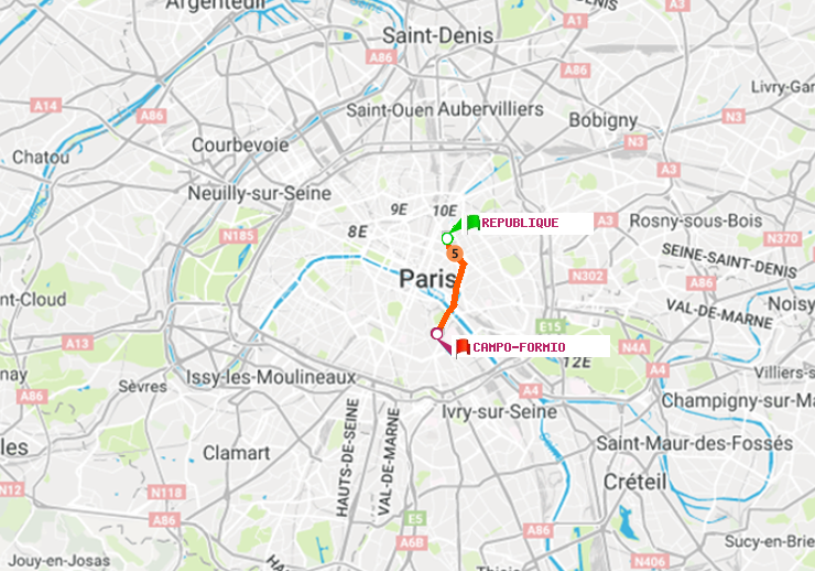 plan itinéraire ratp de République à Campo-Formio