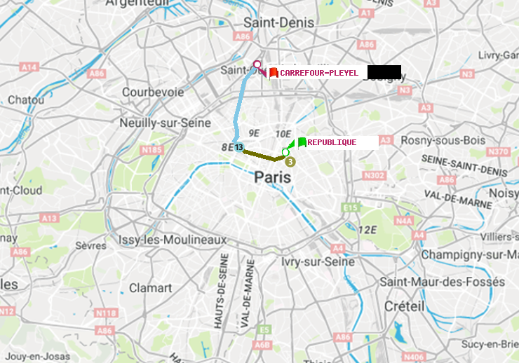 plan itinéraire ratp de République à Carrefour-Pleyel