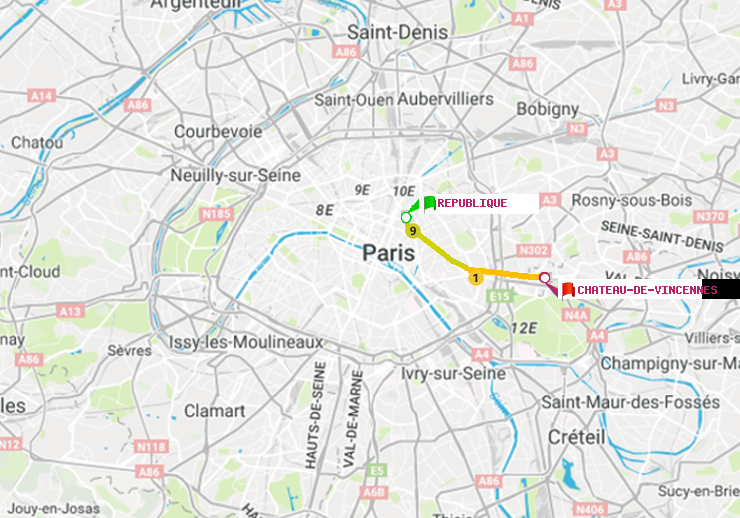 plan itinéraire ratp de République à Château de Vincennes