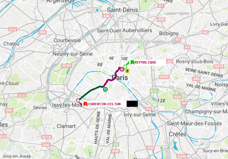 plan itinéraire ratp de République à Corentin-Celton