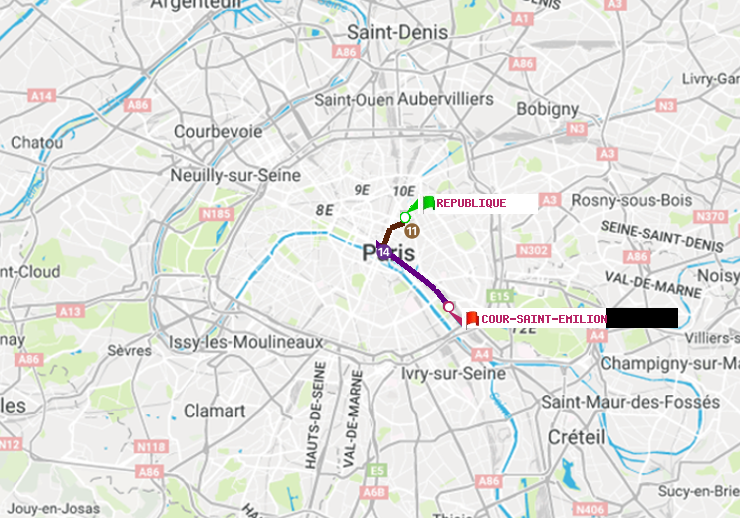 plan itinéraire ratp de République à Cour Saint-Emilion