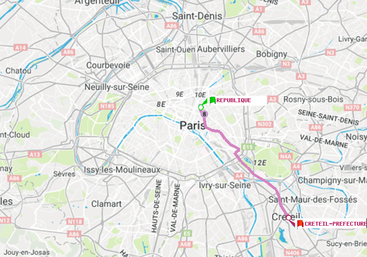 plan itinéraire ratp de République à Créteil-Préfecture (Hôtel de Ville)